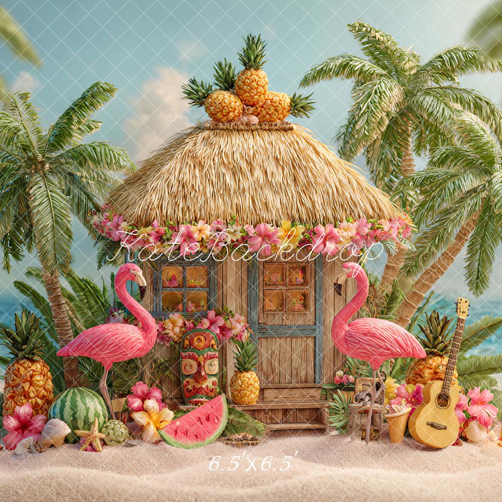 Kate Sommer Strandhütte Palmen Flamingos Hintergrund Entworfen von Ashley Paul - Kate Backdrop.de
