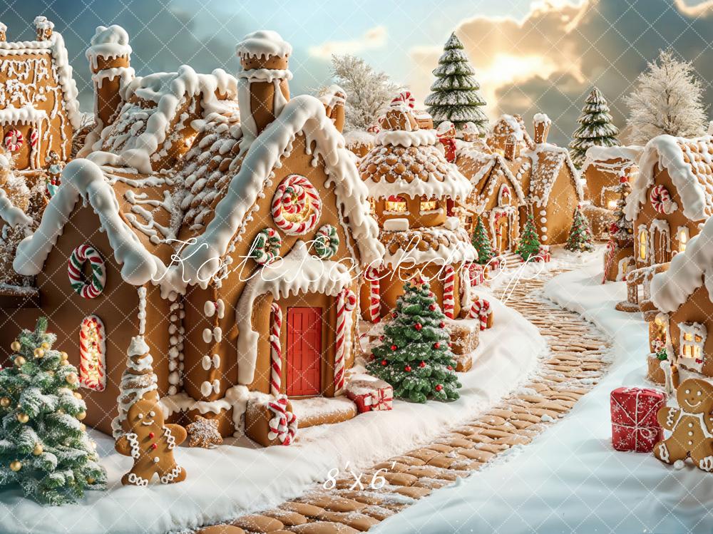 Flash Sale-Kate Weihnachten Lebkuchenhaus Schneelandschaft Hintergrund Entworfen von Emetselch