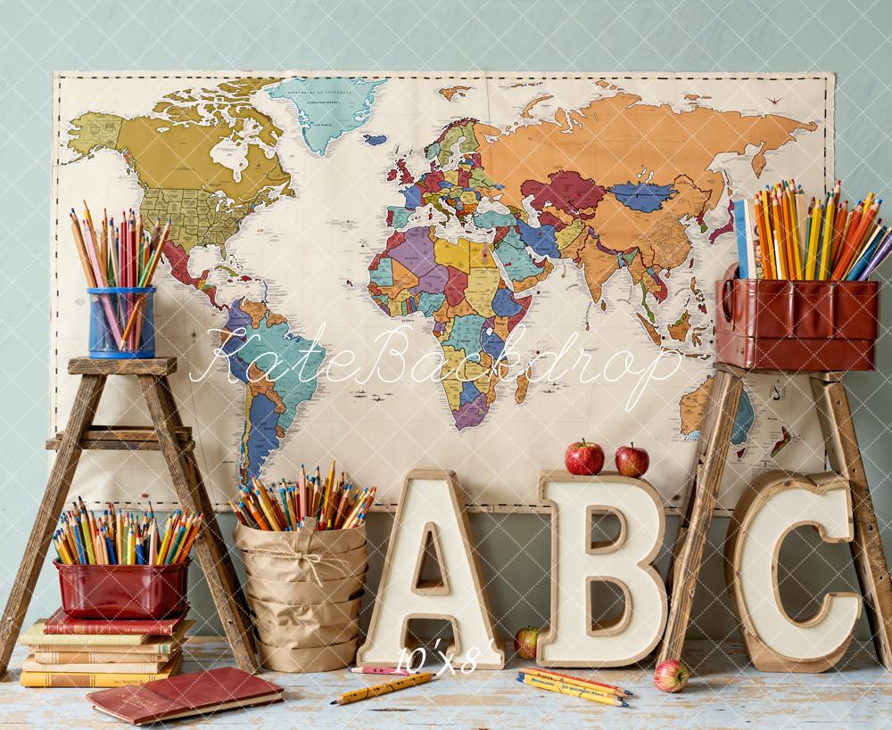 Kate Zurück Zur Schule Weltkarte Buchstaben Vintage Fleece Hintergrund Entworfen von Emetselch - Kate Backdrop.de