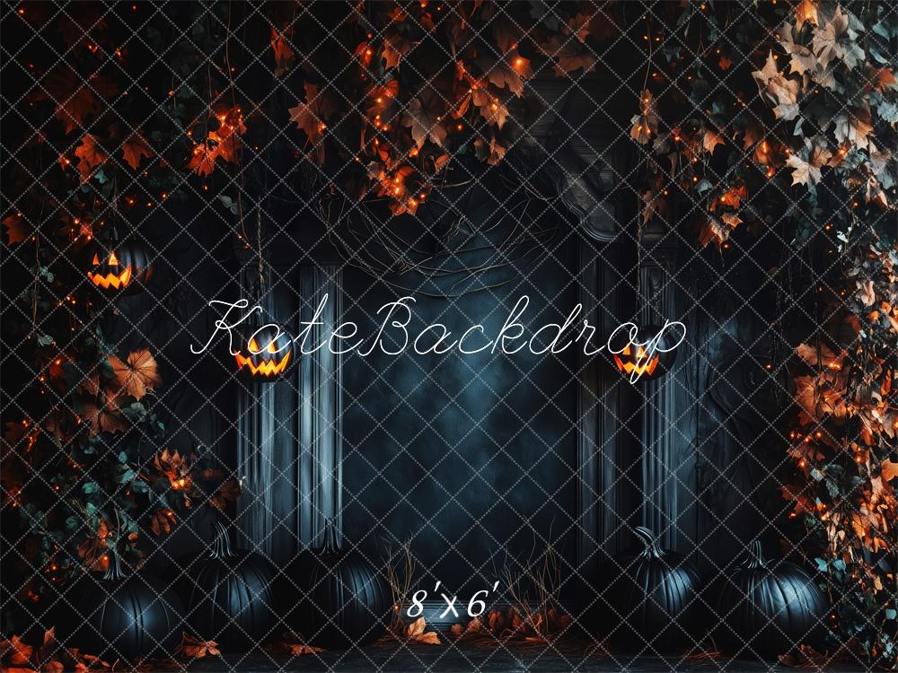 Kate Halloween Kürbis Lichter Blätter Dunkel Hintergrund Entworfen von Patty Roberts - Kate Backdrop.de