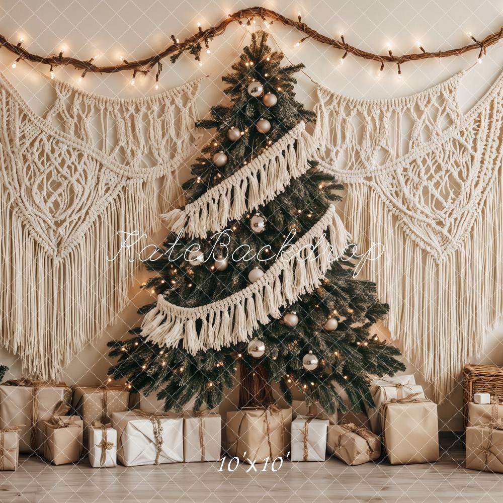Kate Weihnachten Weihnachtsbaum Makramee Beige Hintergrund Entworfen von Ashley Paul - Kate Backdrop.de