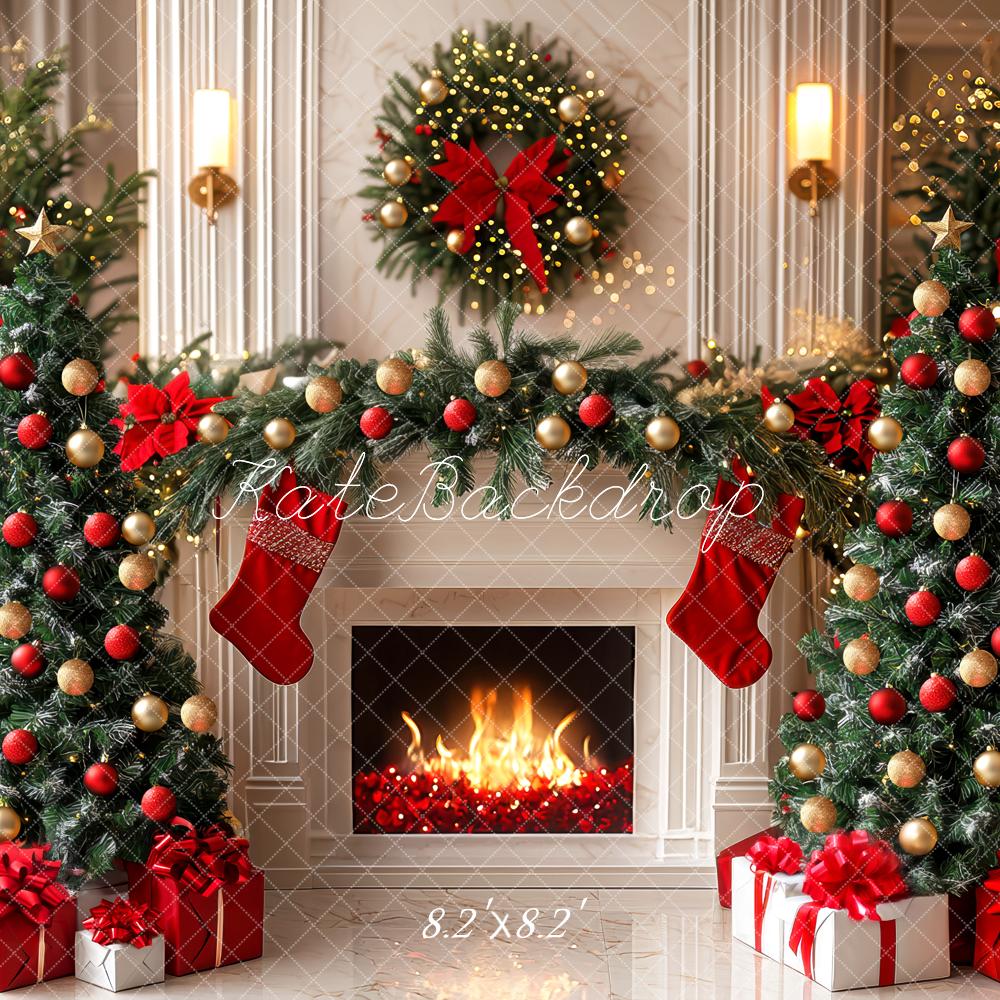 Kate Weihnachten Kamin Weihnachtsbaum Rot Gold Hintergrund Entworfen von Mini MakeBelieve - Kate Backdrop.de