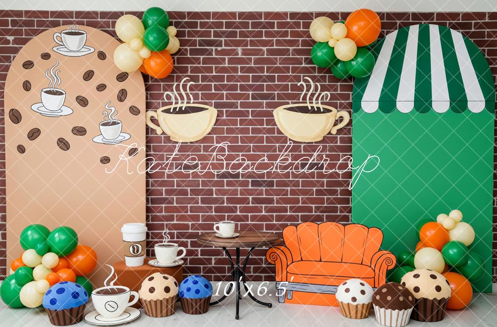 Kate Kaffeehaus Sofa Muffins Ziegelwand Hintergrund Entworfen von Patty Roberts - Kate Backdrop.de