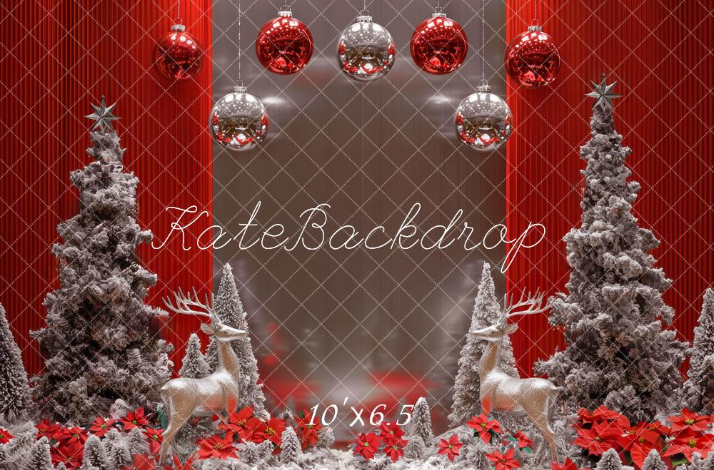 Kate Weihnachten Rentiere Schneebäume Rot Hintergrund Entworfen von Mini MakeBelieve - Kate Backdrop.de