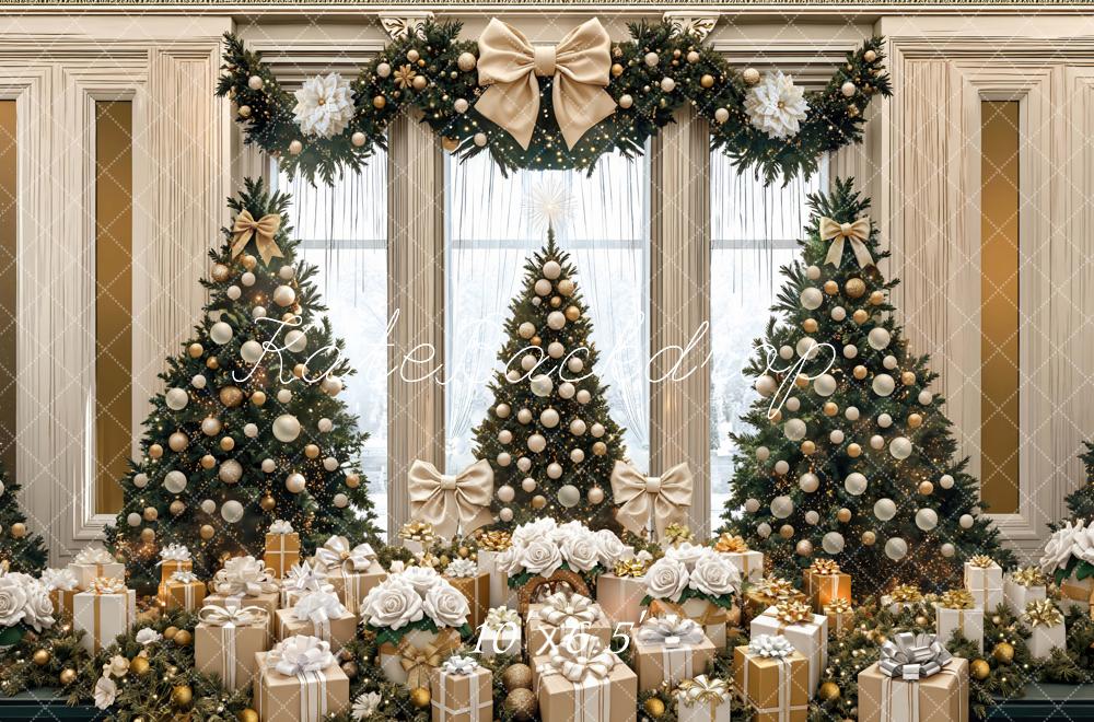 Kate Weihnachten Tannenbaum Geschenkboxen Gold Weiß Hintergrund Entworfen von Mini MakeBelieve - Kate Backdrop.de