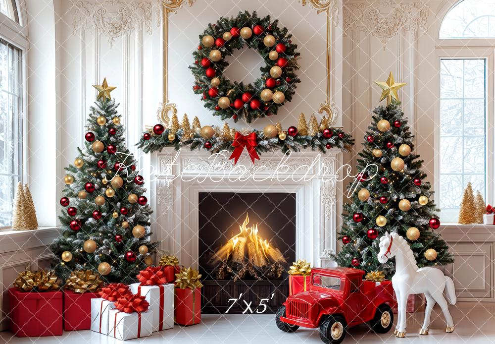 Kate Weihnachten Kamin Weihnachtsbaum Rot Gold Hintergrund Entworfen von Mini MakeBelieve - Kate Backdrop.de