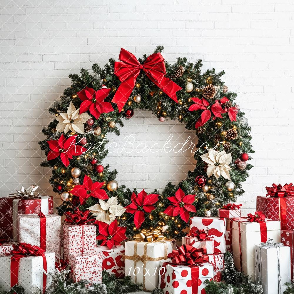 Kate Weihnachten Kranz Geschenke Rot Weiß Hintergrund Entworfen von Patty Roberts - Kate Backdrop.de