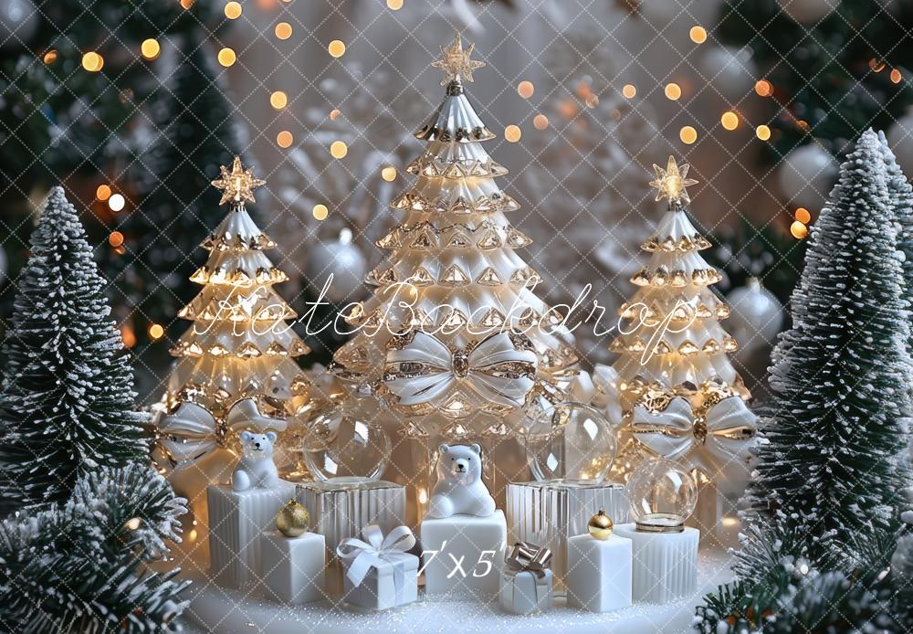 Kate Weihnachten Goldene Weihnachtsbäume Weiß Hintergrund Entworfen von Mini MakeBelieve - Kate Backdrop.de