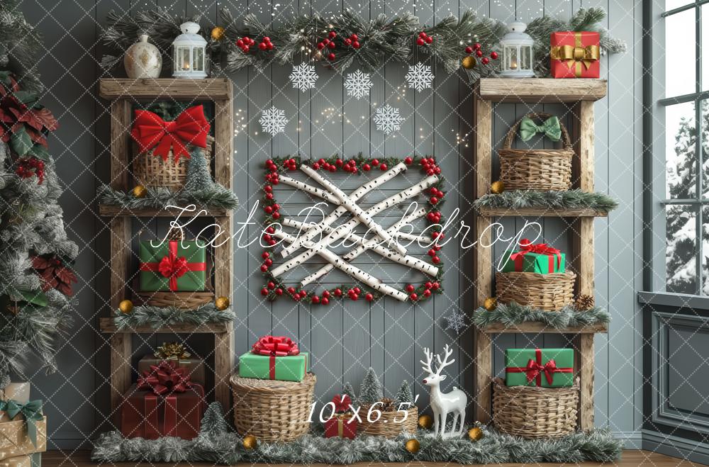Kate Weihnachten Geschenke Regale Rustikal Hintergrund Entworfen von Mini MakeBelieve - Kate Backdrop.de