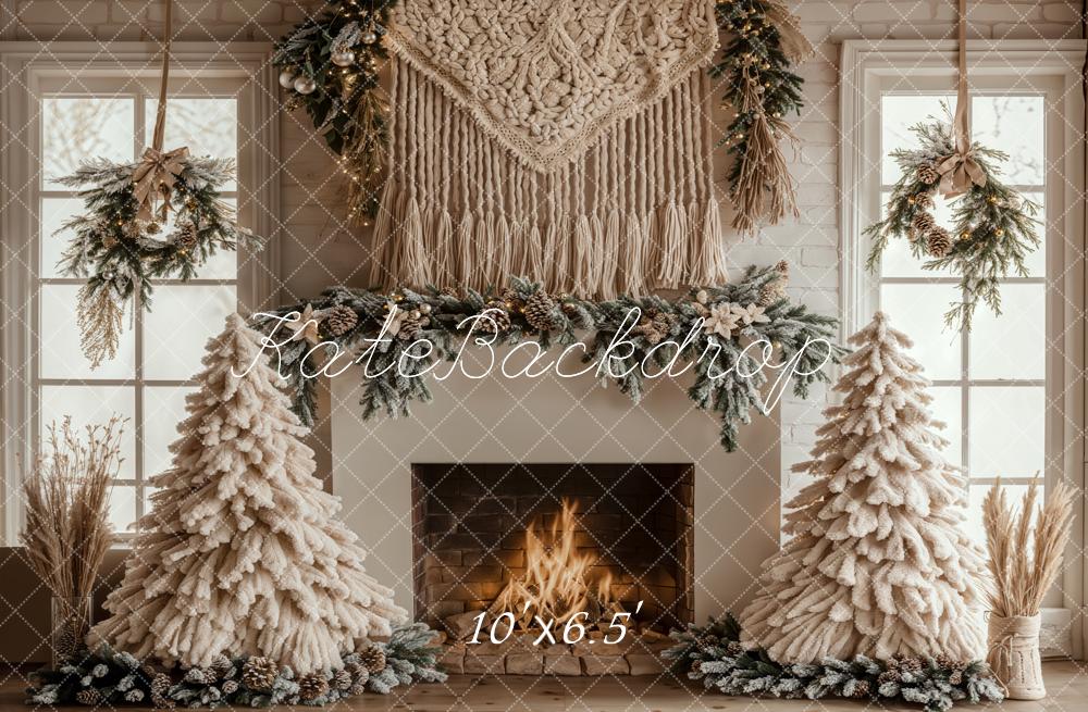 Kate Weihnachten Kamin Tannen Bäume Beige Hintergrund Entworfen von Emetselch
