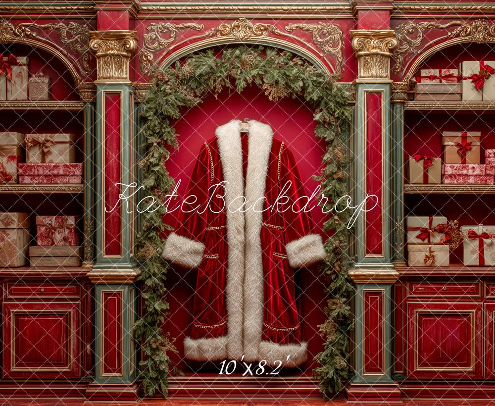 Kate Weihnachten Geschenkregal Santa Mantel Rot Hintergrund Entworfen von Patty Roberts - Kate Backdrop.de