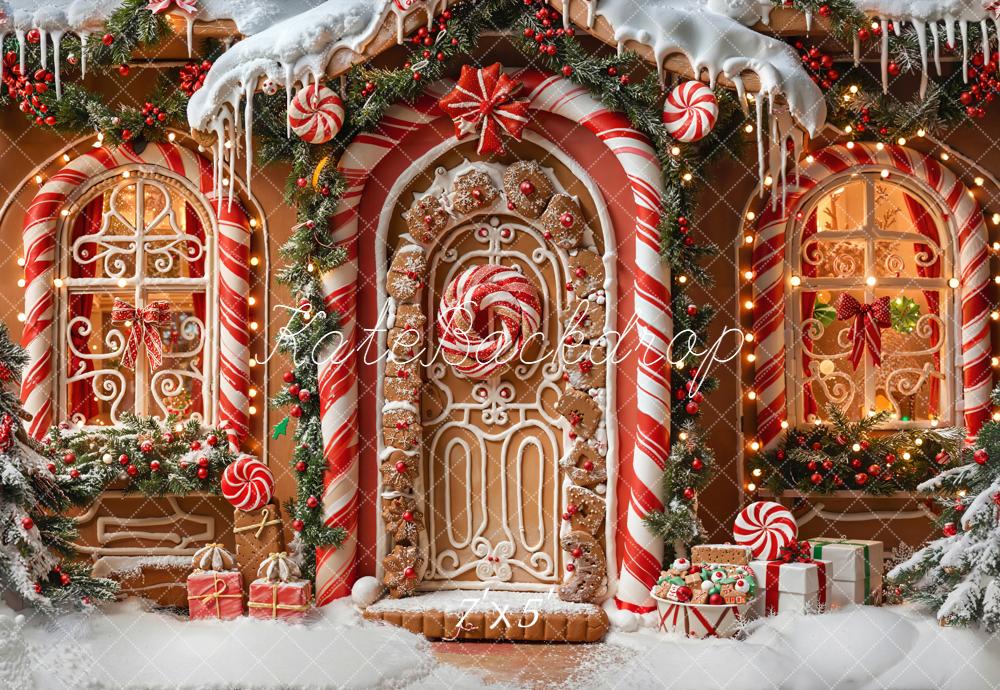 Kate Weihnachten Lebkuchenhaus Zuckerstangen Schnee Hintergrund Entworfen von Emetselch - Kate Backdrop.de