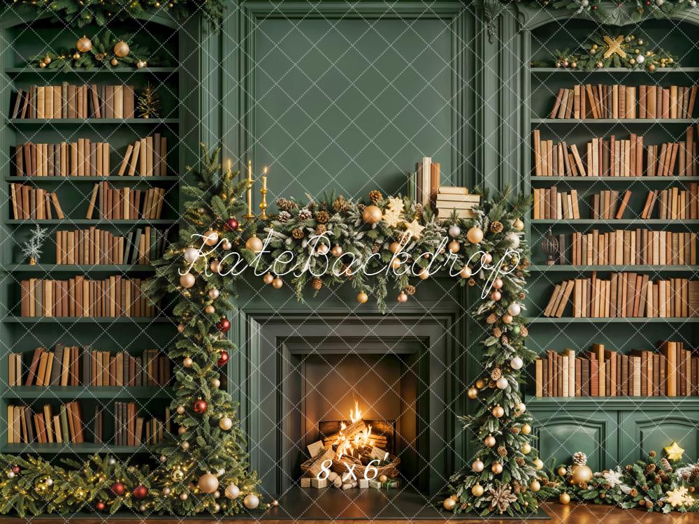 Kate Weihnachten Kamin Bücherregal Grün Hintergrund Entworfen von Emetselch - Kate Backdrop.de
