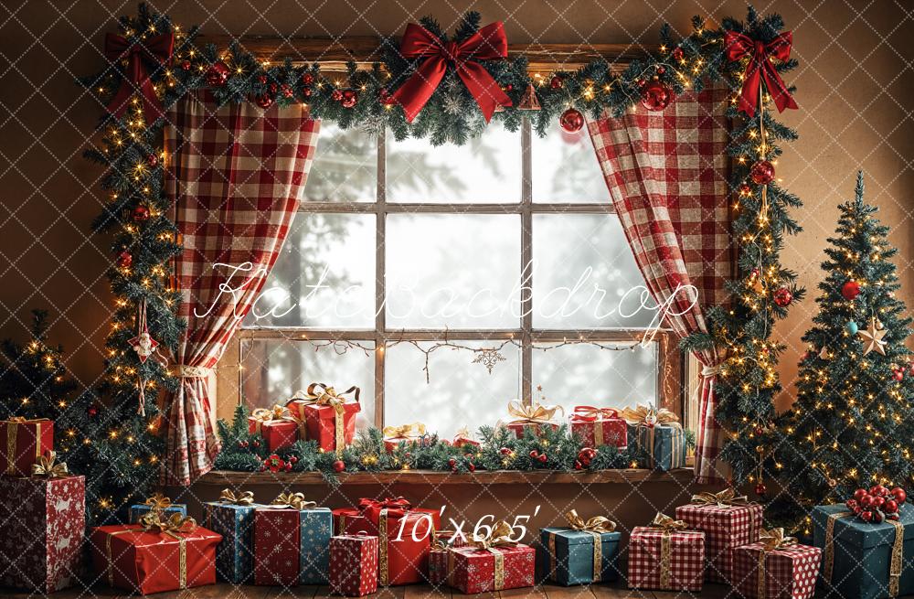 Kate Weihnachten Fenster Geschenke Tannenzweige Fleece Hintergrund Entworfen von Emetselch - Kate Backdrop.de