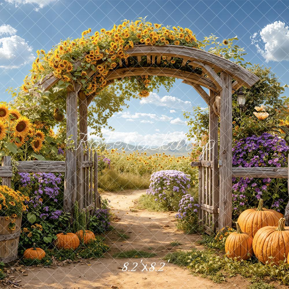 Kate Herbst Kürbisse Sonnenblumen Holztor Hintergrund Entworfen von Emetselch - Kate Backdrop.de