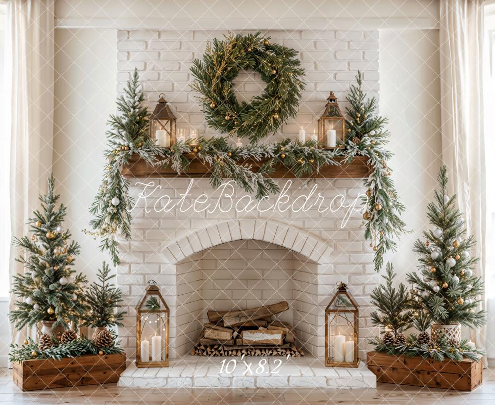 Kate Weihnachten Kamin Tannenzweige Weiß Hintergrund Entworfen von Emetselch - Kate Backdrop.de