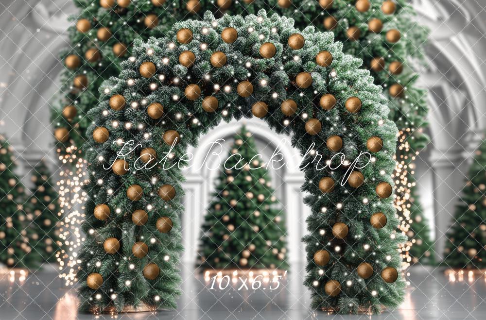 Kate Weihnachten Tannenbogen Goldene Kugeln Hintergrund Entworfen von Mini MakeBelieve - Kate Backdrop.de