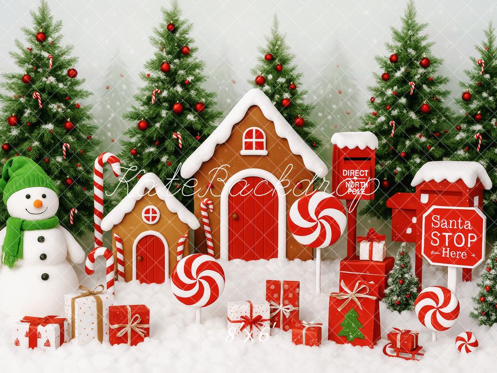 Kate Weihnachten Lebkuchenhaus Schneemann Rot Hintergrund Entworfen von Patty Roberts - Kate Backdrop.de