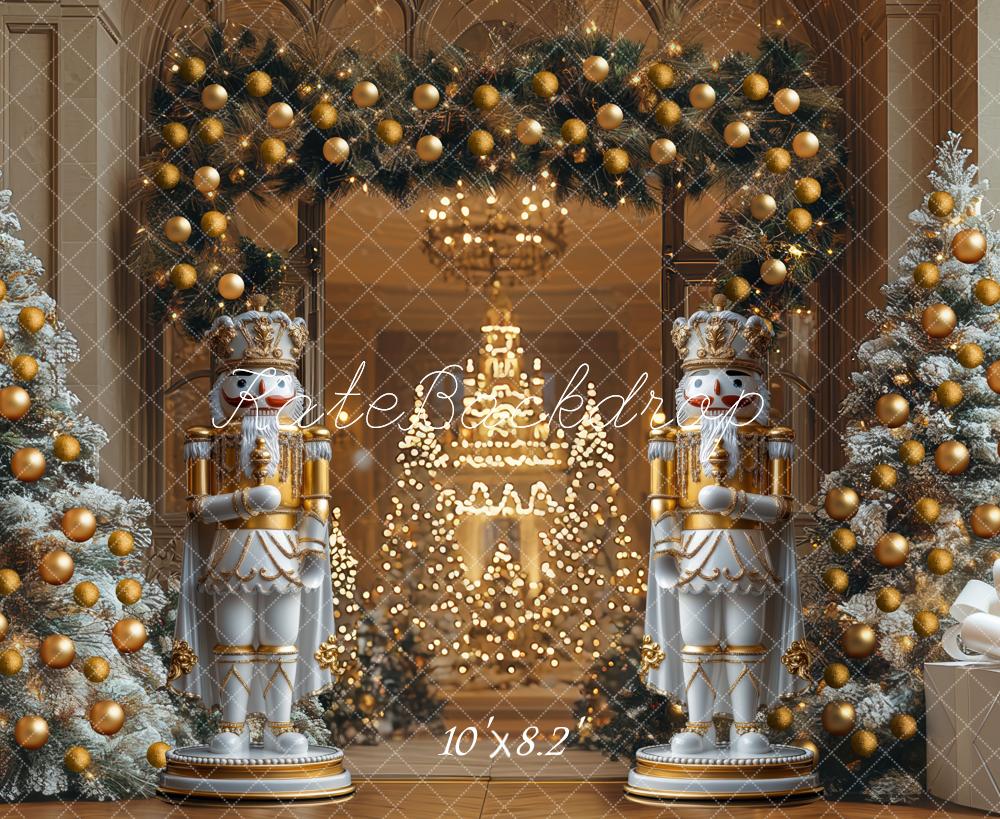 Kate Weihnachten Nussknacker Tannen Gold Hintergrund Entworfen von Mini MakeBelieve - Kate Backdrop.de