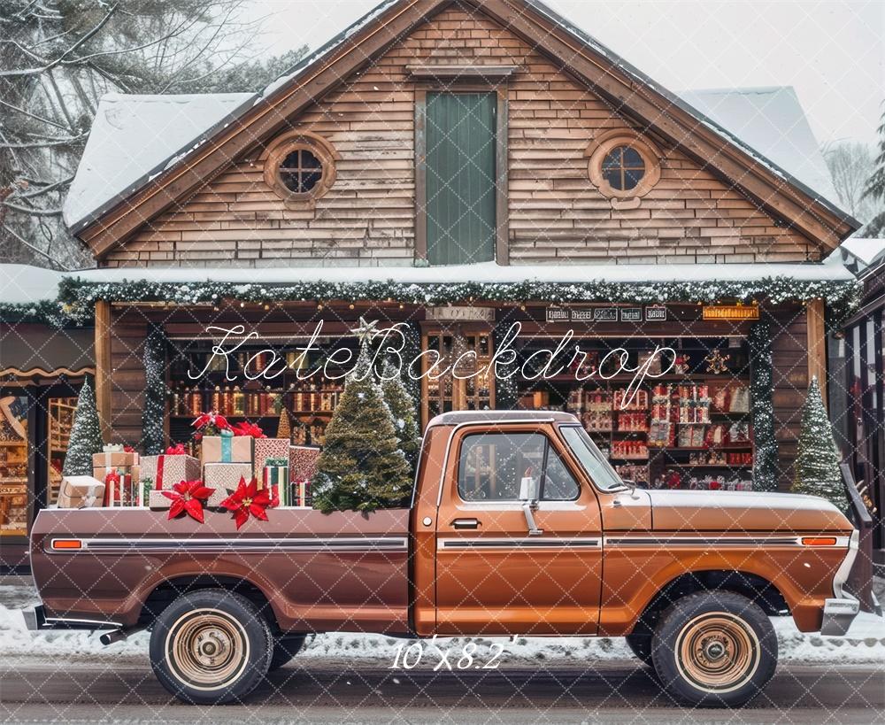 Kate Weihnachten Pickup Geschenke Holzhütte Hintergrund Entworfen von Mini MakeBelieve - Kate Backdrop.de