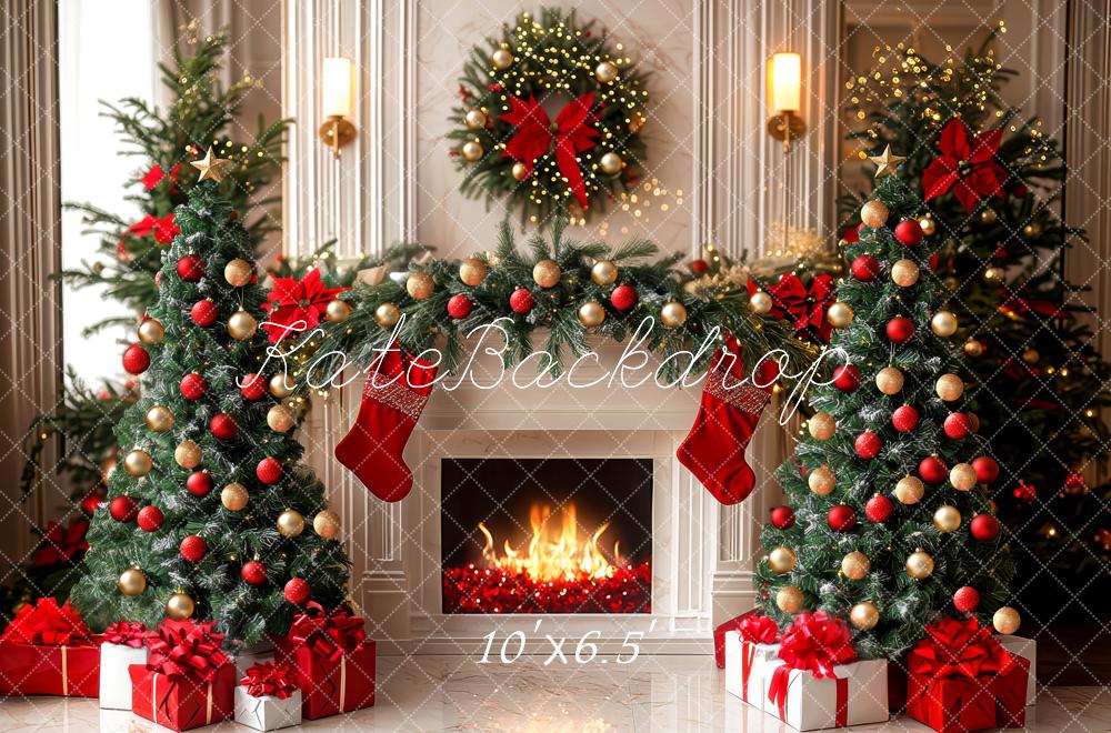 Kate Weihnachten Kamin Weihnachtsbaum Rot Gold Hintergrund Entworfen von Mini MakeBelieve - Kate Backdrop.de
