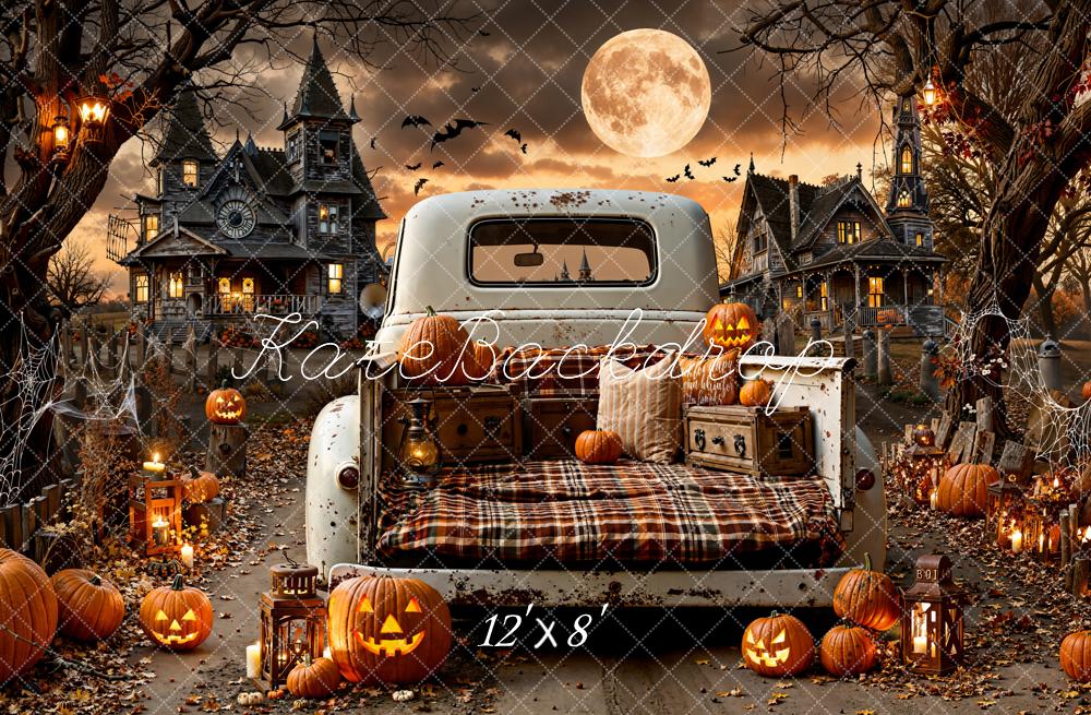 Kate Halloween Oldtimer Kürbisse Spukhaus Fleece Hintergrund Entworfen von Emetselch - Kate Backdrop.de