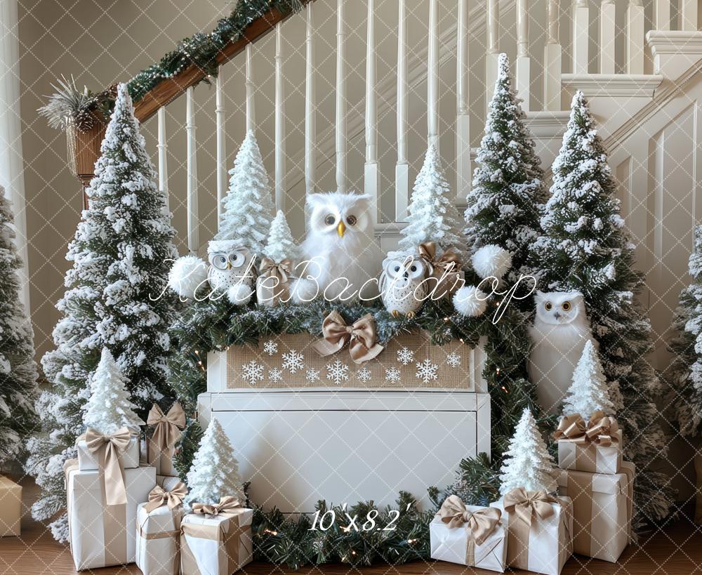 Kate Weihnachten Schnee Eulen Tannen Weiß Hintergrund Entworfen von Mini MakeBelieve - Kate Backdrop.de