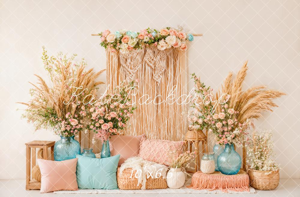 Kate Boho Blumen Makramee Trockenblumen Hintergrund Entworfen von Emetselch - Kate Backdrop.de