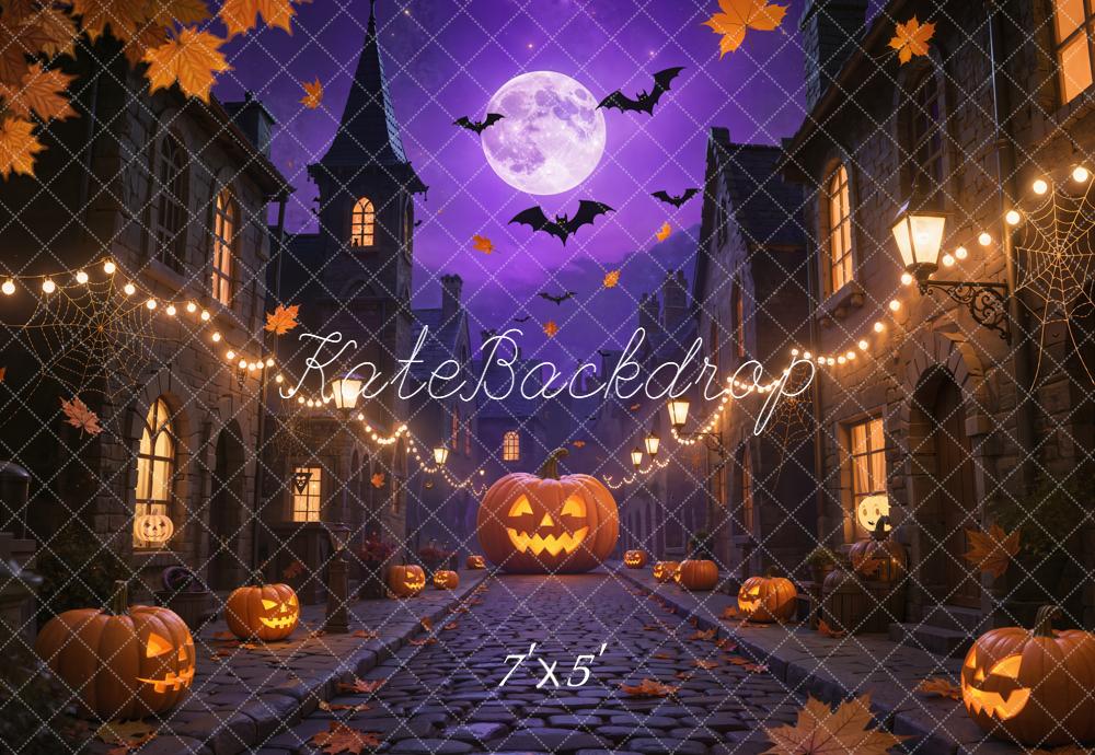 Kate Halloween Kürbisse Fledermäuse Lila Hintergrund Entworfen von Emetselch - Kate Backdrop.de
