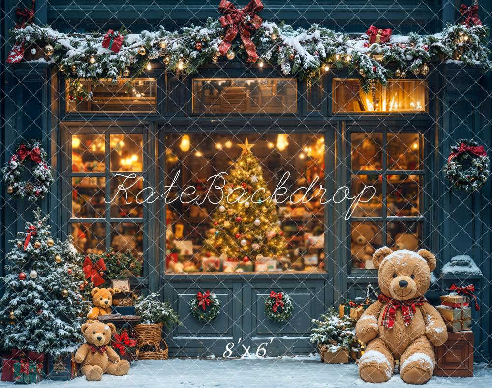 Kate Weihnachten Schaufenster Teddybären Schnee Fleece Hintergrund Entworfen von Chain - Kate Backdrop.de
