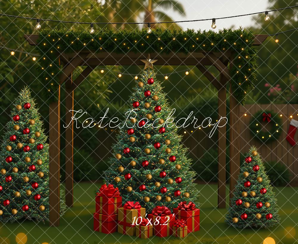 Kate Weihnachten Tannenbäume Geschenkboxen Lichter Hintergrund Entworfen von Mini MakeBelieve - Kate Backdrop.de