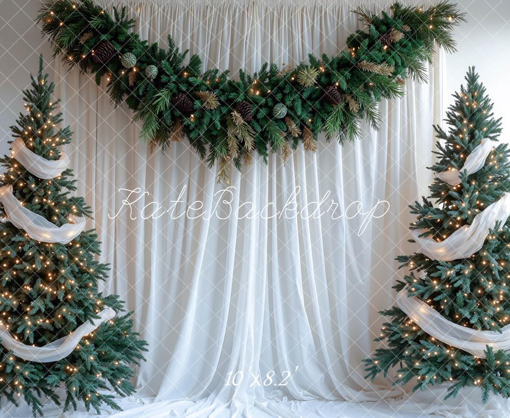 Kate Weihnachten Tannenbäume Lichter Weiß Hintergrund Entworfen von Mini MakeBelieve - Kate Backdrop.de
