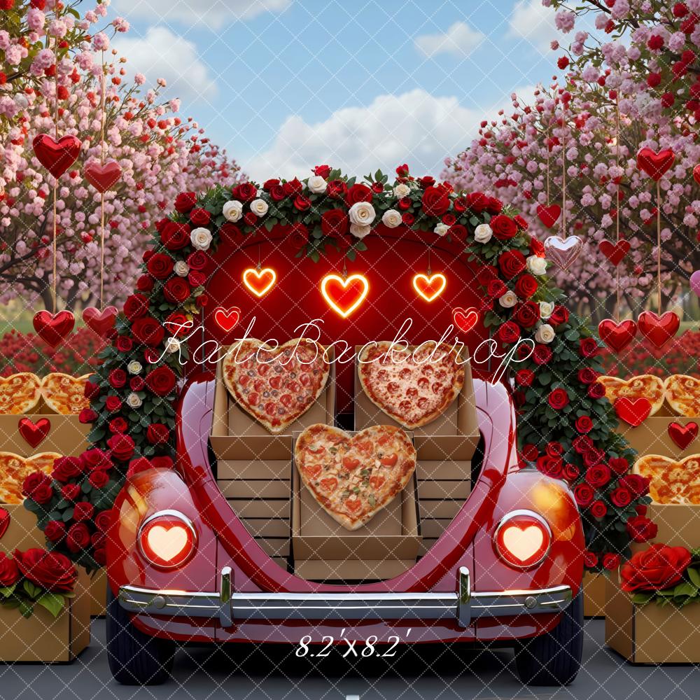 Kate Valentinstag Herzpizza Auto Rosen Hintergrund Entworfen von Mini MakeBelieve - Kate Backdrop.de