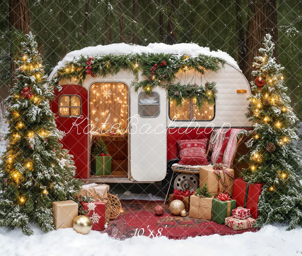 Kate Weihnachten Wohnwagen Geschenke Tannen Fleece Hintergrund Entworfen von Emetselch - Kate Backdrop.de