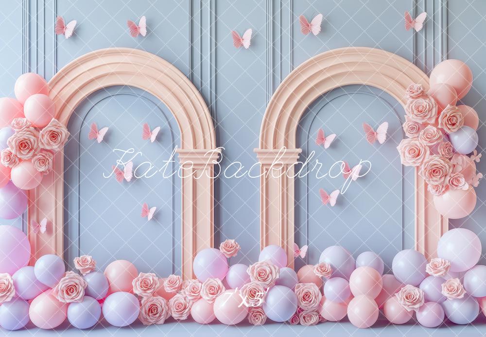 Kate Geburtstag Bögen Ballons Schmetterlinge Pastell Hintergrund Entworfen von Mini MakeBelieve - Kate Backdrop.de