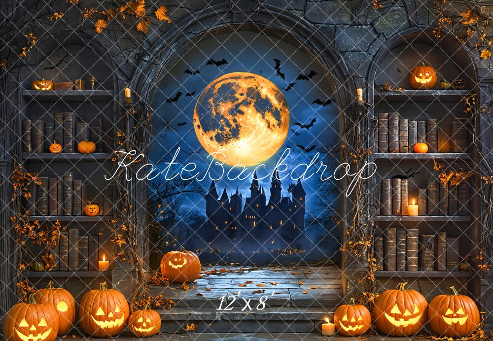 Kate Halloween Kürbisse Vollmond Bücherregal Fleece Hintergrund Entworfen von Emetselch - Kate Backdrop.de