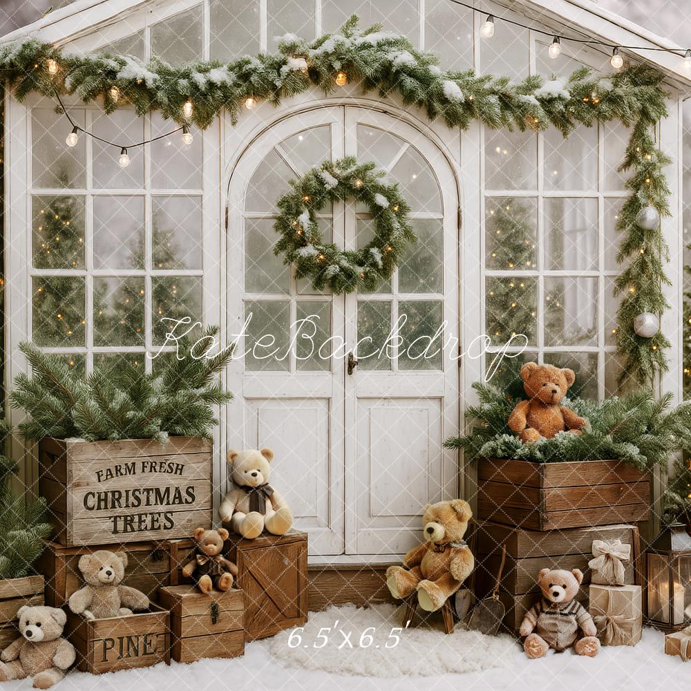 Kate Weihnachten Teddybären Geschenkboxen Winterhaus Hintergrund Entworfen von Patty Roberts - Kate Backdrop.de