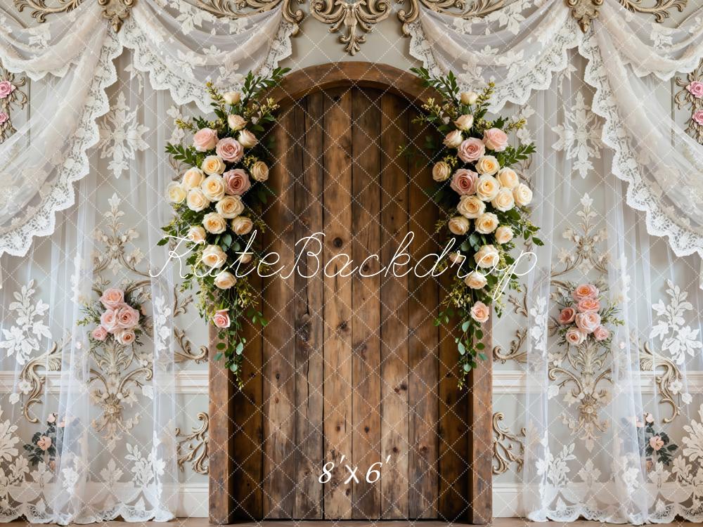 Kate Hochzeit Holztür Blumen Spitze Hintergrund Entworfen von Mini MakeBelieve