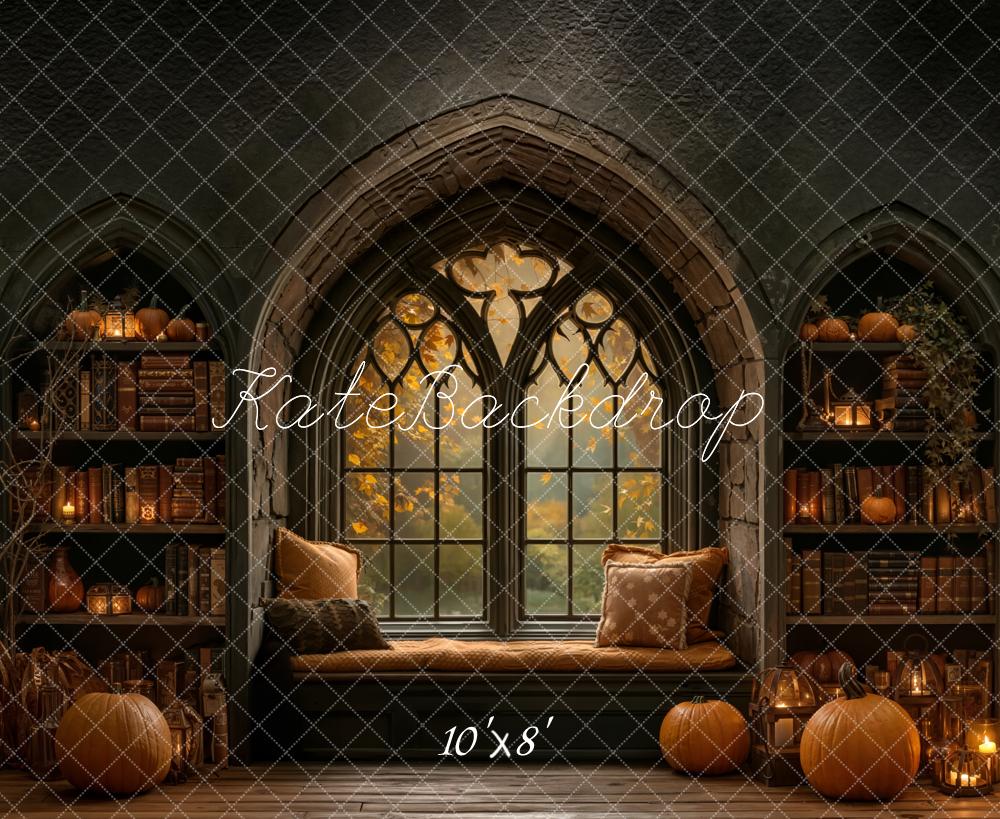 Kate Halloween Fenster Bücher Kürbisse Fleece Hintergrund Entworfen von Emetselch - Kate Backdrop.de