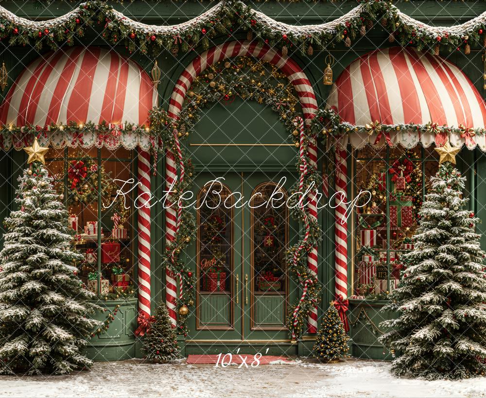 Kate Weihnachten Schaufenster Zuckerstangen Grün Fleece Hintergrund Entworfen von Emetselch - Kate Backdrop.de