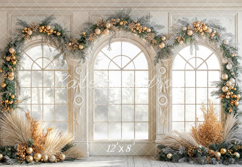 Kate Weihnachten Fenster Girlande Gold Fleece Hintergrund Entworfen von Emetselch - Kate Backdrop.de