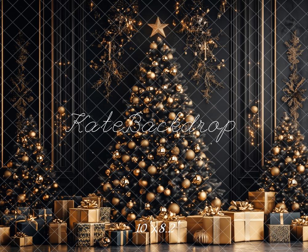 Kate Weihnachten Weihnachtsbaum Geschenke Gold Hintergrund Entworfen von Patty Roberts - Kate Backdrop.de