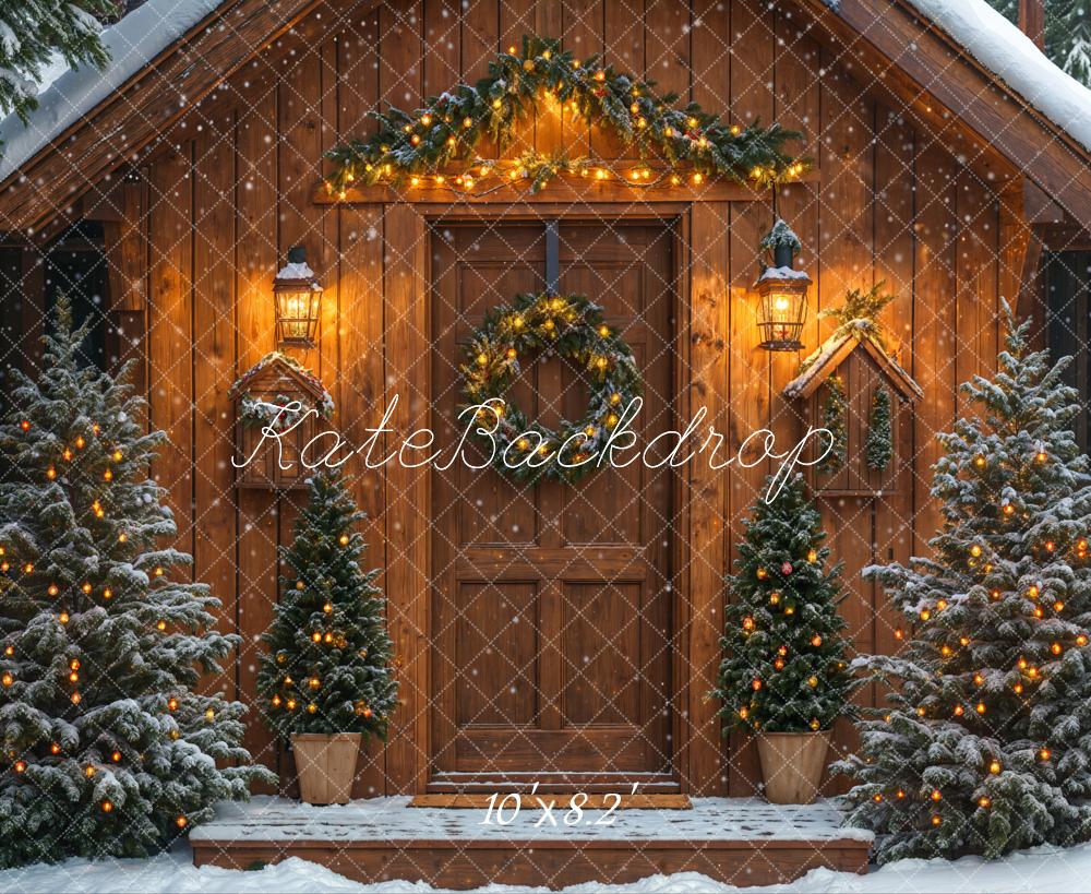 Kate Weihnachten Holzhaus Schneetannen Warmlicht Hintergrund Entworfen von Emetselch