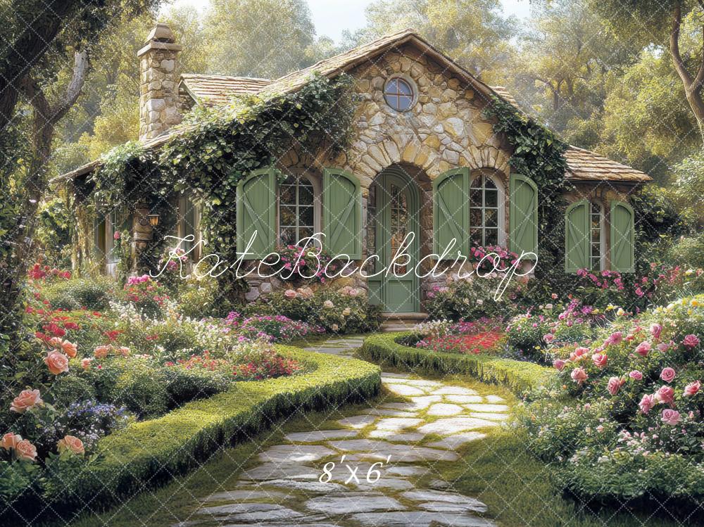 Kate Frühling Stein Haus Garten Blumen Hintergrund Entworfen von Mini MakeBelieve - Kate Backdrop.de