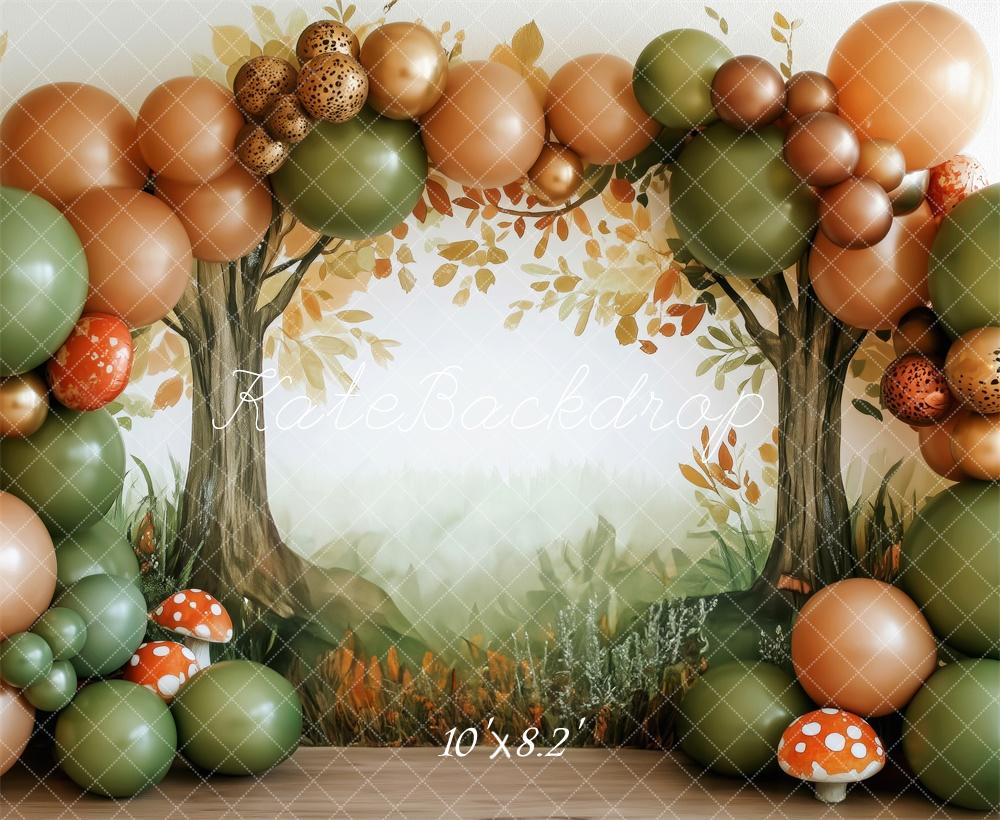 Kate Herbst Wald Ballons Pilze Hintergrund Entworfen von Patty Roberts - Kate Backdrop.de