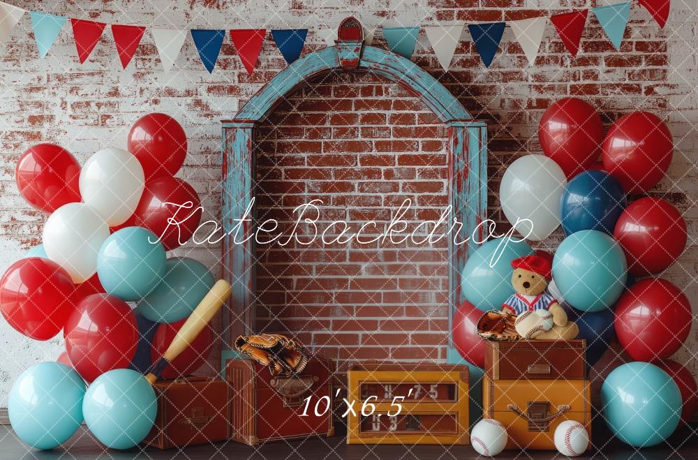 Kate Kinder Baseball Ballons Backstein Vintage Hintergrund Entworfen von Mini MakeBelieve - Kate Backdrop.de