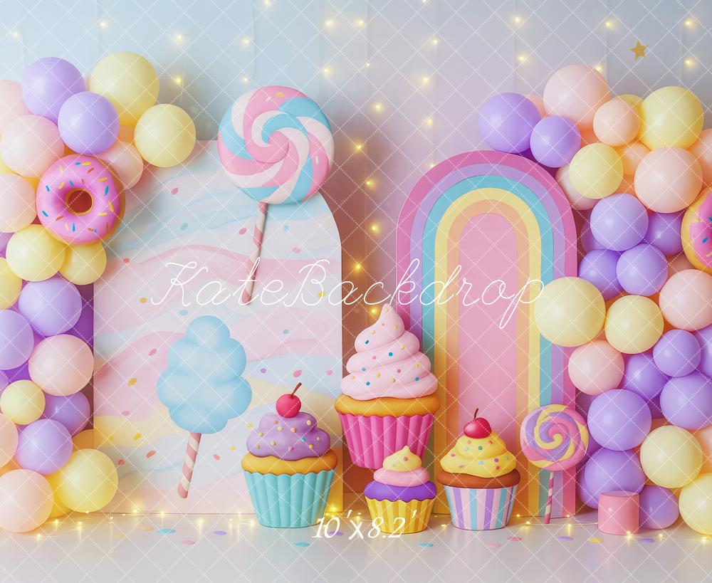 Kate Geburtstag Luftballons Donuts Cupcakes Pastell Hintergrund Entworfen von Patty Roberts - Kate Backdrop.de