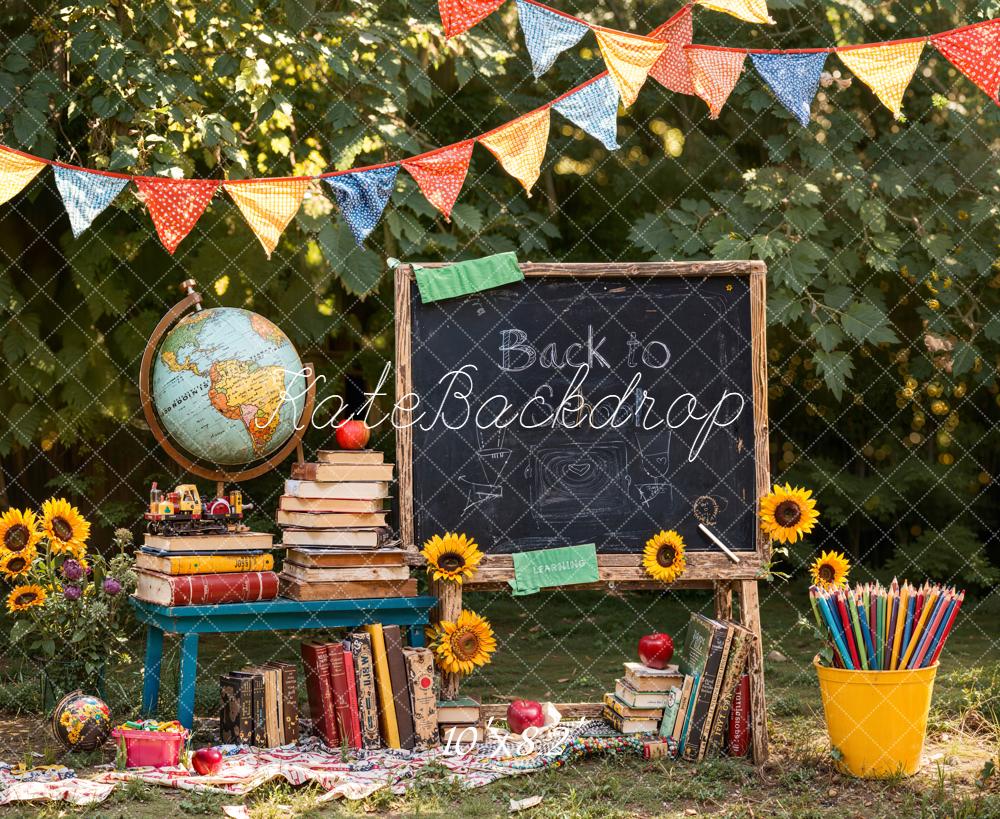 Kate Zurück Zur Schule Tafel Bücher Bunt Hintergrund Entworfen von Emetselch - Kate Backdrop.de
