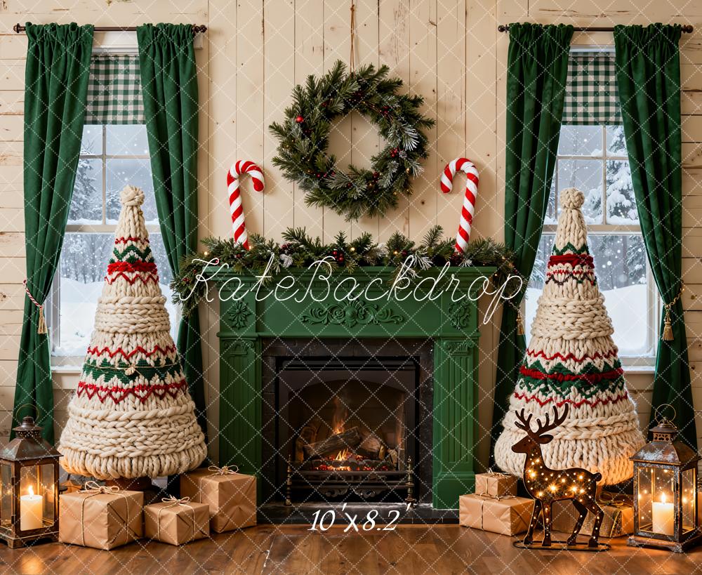 Kate Weihnachten Kamin Gestrickte Bäume Grün Hintergrund Entworfen von Emetselch