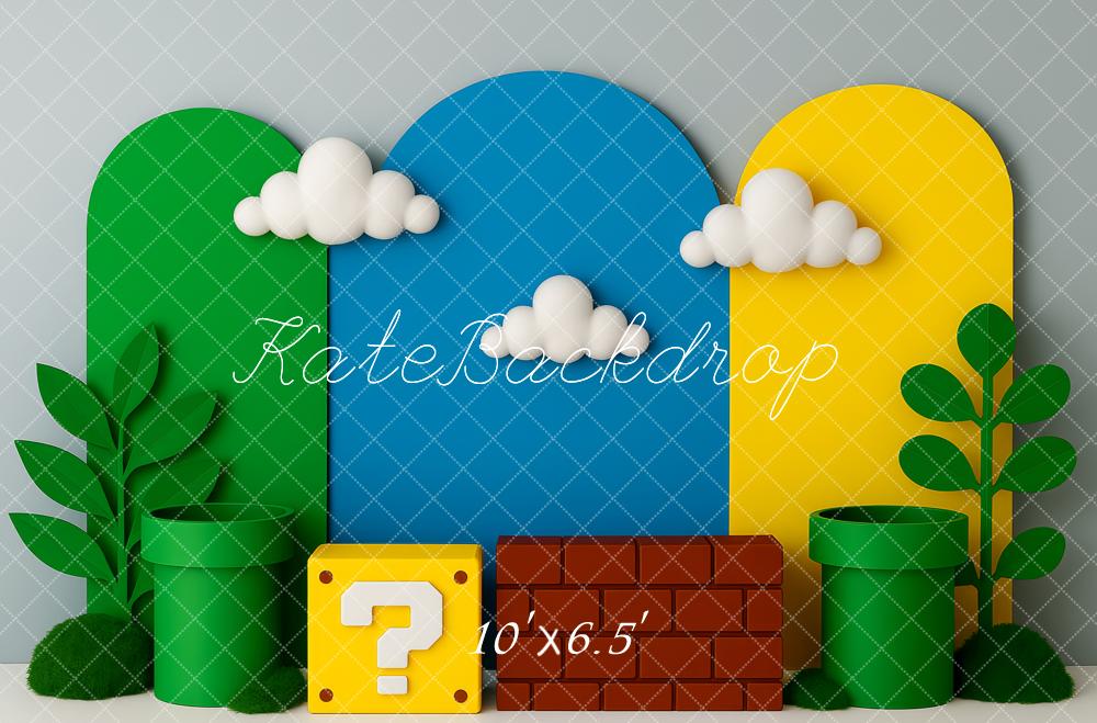 Kate Videospiel Röhren Wolken Bunt Hintergrund Entworfen von Patty Roberts - Kate Backdrop.de